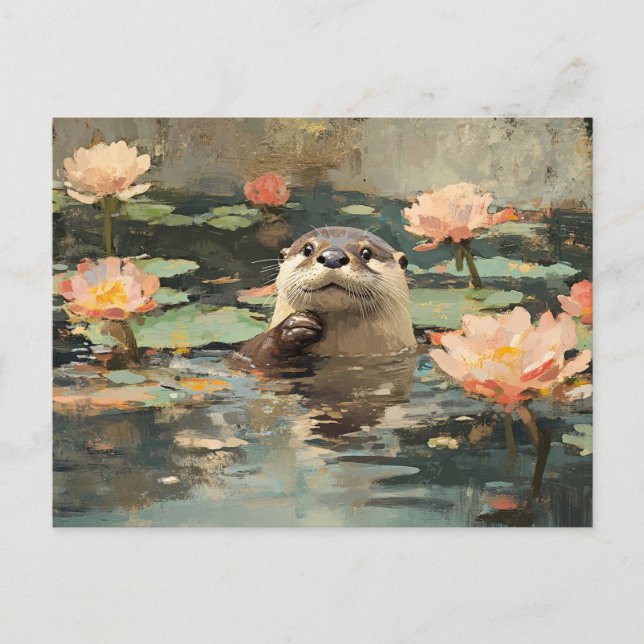 Otter med Lotus Flowers Painting Vykort (Framsida)