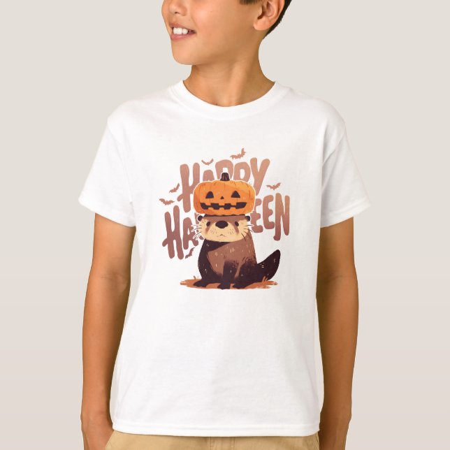 Otter med Pumpkin Hat - Happy halloween T Shirt (Framsida)