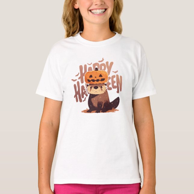 Otter med Pumpkin Hat - Happy halloween T Shirt (Framsida)