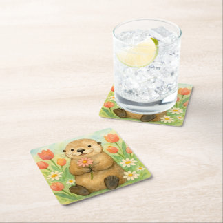 Otter med Vår Blooms Underlägg Papper Kvadrat