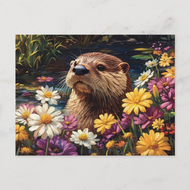 Otter och Colorful Wildblommor Vår Vykort (Framsida)