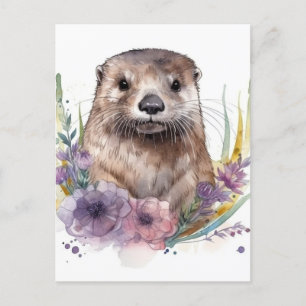 Otter och Lila blommor Vykort