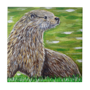 Otter på en River Bank Painting Kakelplatta