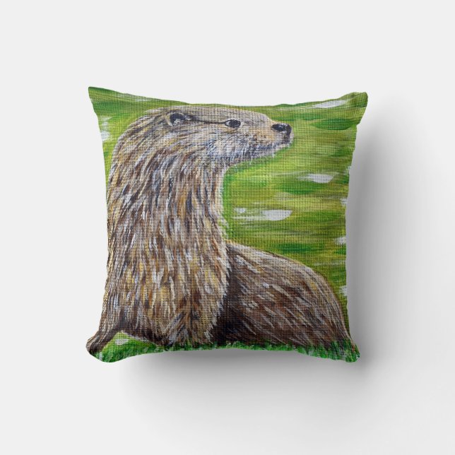Otter på en River Bank Painting Kudde (Framsida)