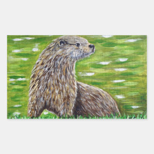 Otter på en River Bank Painting Rektangulärt Klistermärke