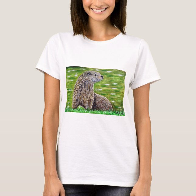 Otter på en River Bank Painting T-shirt (Framsida)