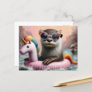 Ötter på en rosa Unicorn Flyter Vykort