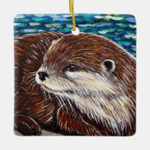 Otter på en Sten-målning Julgransprydnad Keramik