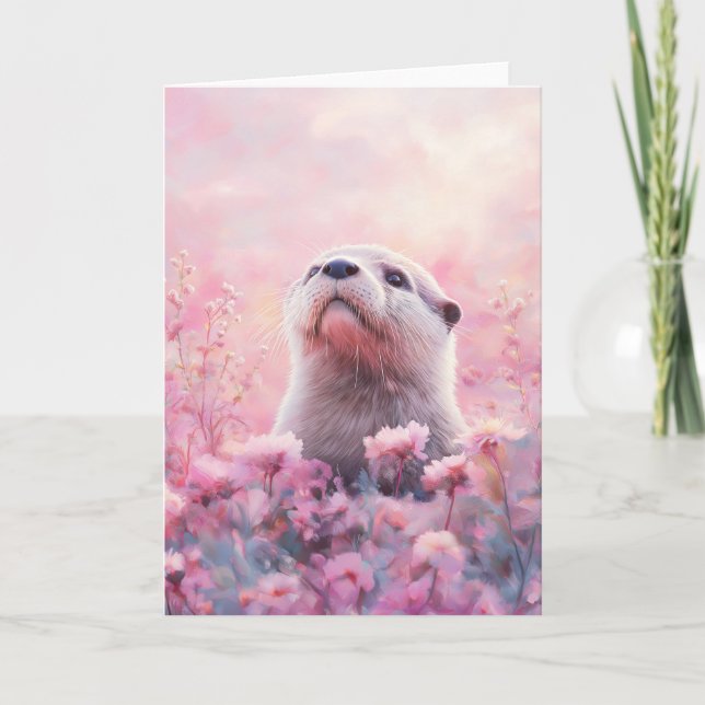 Otter Peeking through Dreamy Blommigt Blooms Kort (Framsida)