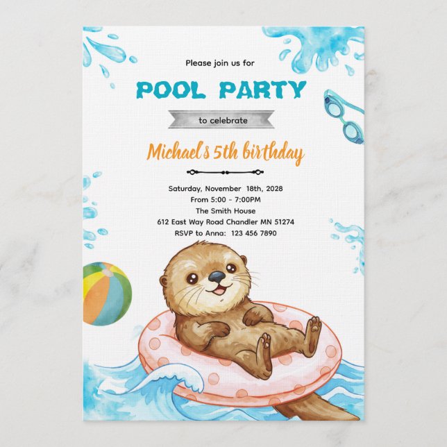 Otter pool party födelsedagsinbjudan inbjudningar (Framsida)