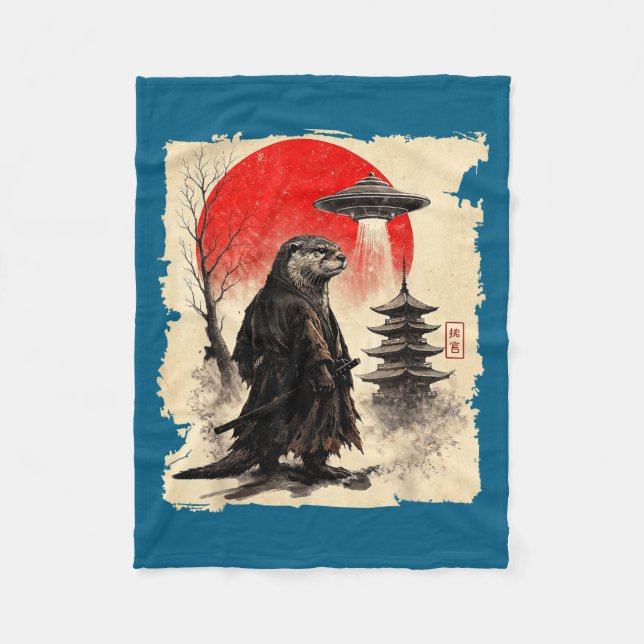 Otter Samurai Retro Ufo Japanese Warrior Art Graph Fleecefilt (Framsidan)