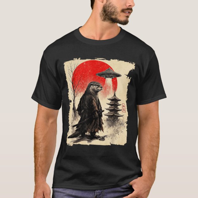 Otter Samurai Retro Ufo Japanese Warrior Art Graph T Shirt (Framsida)