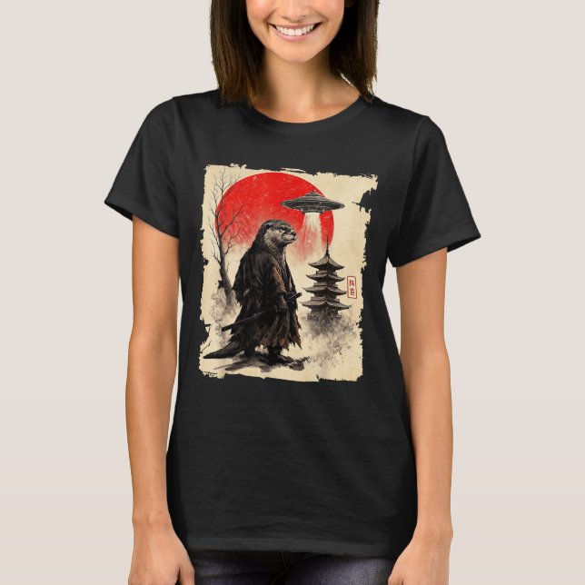 Otter Samurai Retro Ufo Japanese Warrior Art Graph T Shirt (Framsida)