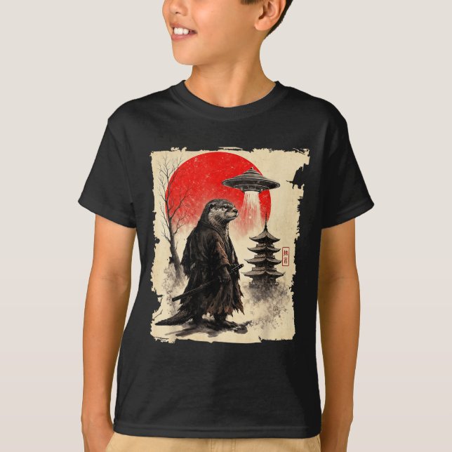 Otter Samurai Retro Ufo Japanese Warrior Art Graph T Shirt (Framsida)
