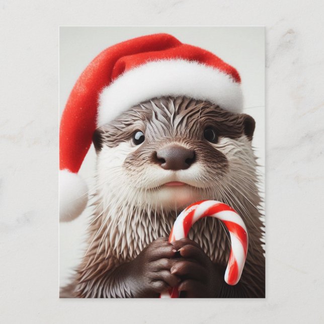 Otter Santa hatt älskvärd godisstav Vykort (Framsida)