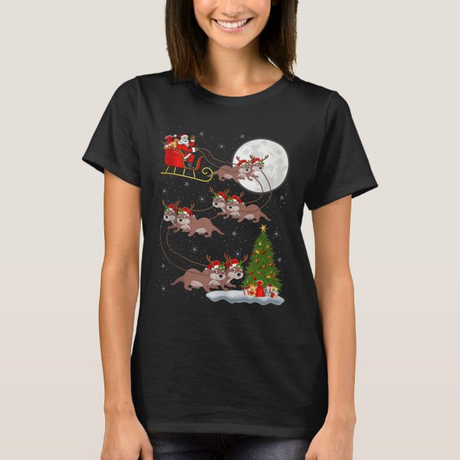 Otter Santa Sleigh Flying Funny Magical Christmas  T Shirt (Framsida)