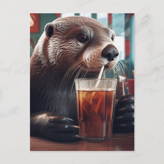 Otter som dricker en Ice Tea i ett café Vykort (Framsida)