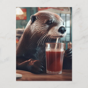 Otter som dricker soda i ett kafé vykort