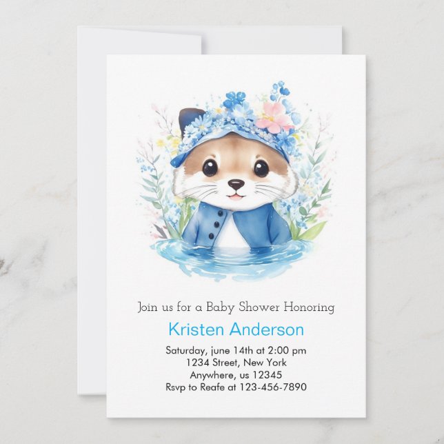 Otter Stollig Watercolor Boy Baby Shower Inbjudningar (Framsida)