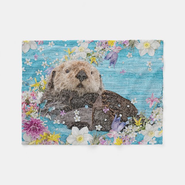 Otter Swimming i Flowers Fleecefilt (Framsidan (Horisontell))