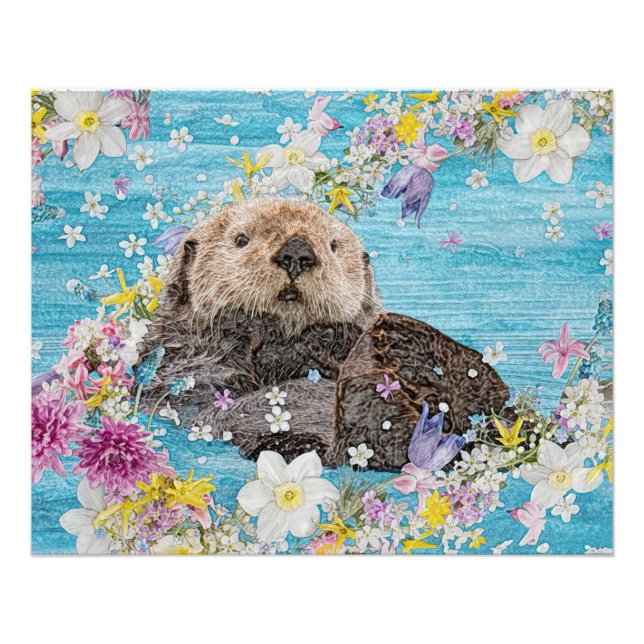 Otter Swimming i Flowers Fototryck (Framsidan)