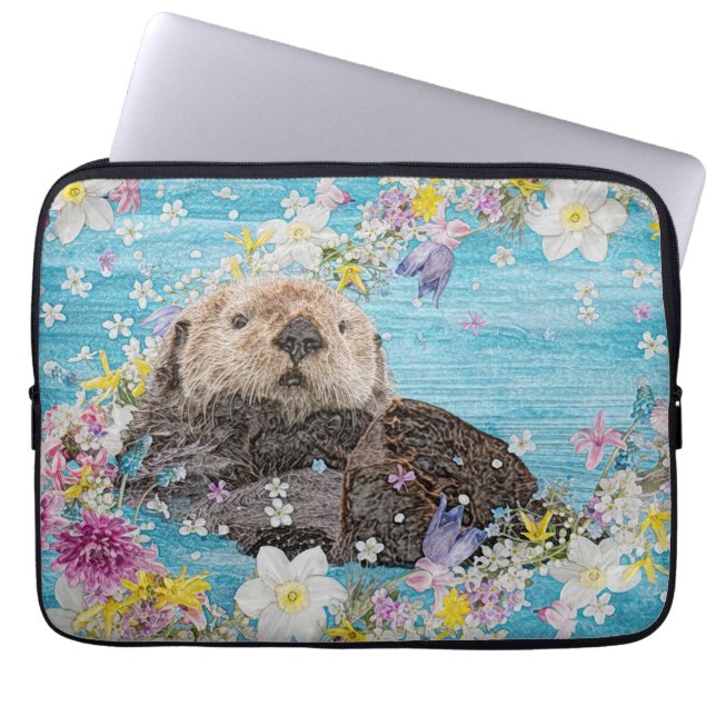 Otter Swimming i Flowers Laptop Fodral (Framsidan)