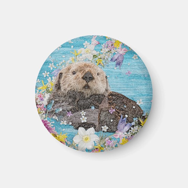 Otter Swimming i Flowers Magnet (Framsidan)