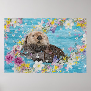 Otter Swimming i Flowers Poster