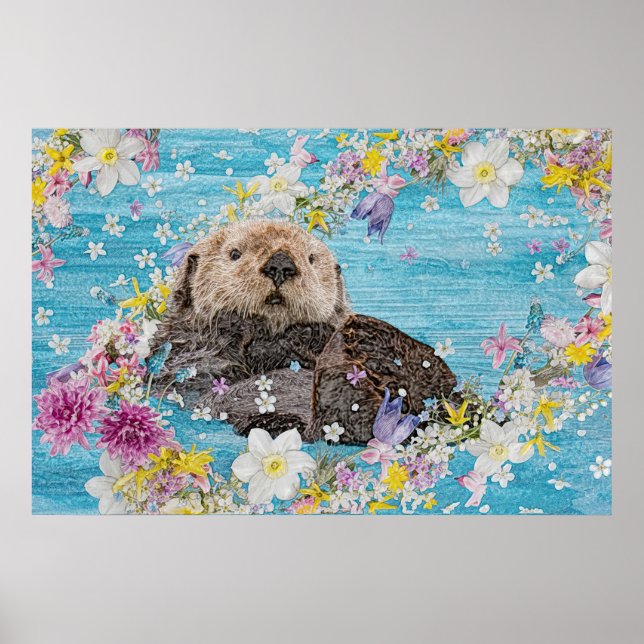 Otter Swimming i Flowers Poster (Framsidan)