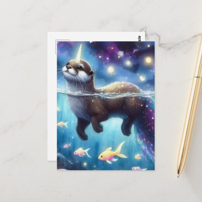 Otter Unicorn med Goldfish Vykort (Fram/Back In Situ)