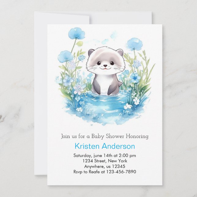 Otter WildblomBlue Boy Baby Shower Inbjudningar (Framsida)