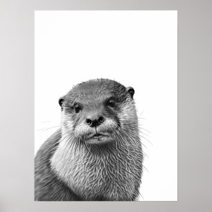 Otter Woodland Modern Porträtt svart vitt Poster