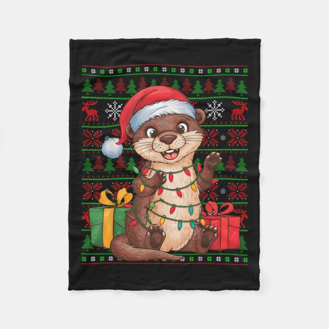 Otter Xmas Lights Ugly Santa Hat Otter Christmas  Fleecefilt (Framsidan)
