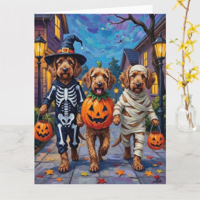 Otterhound som går runt och samlar godis i hallowe kort (Gul blomma)