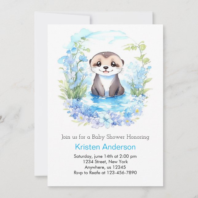 Otterligt blå Blommigt Stollig Boy Shower Inbjudningar (Framsida)