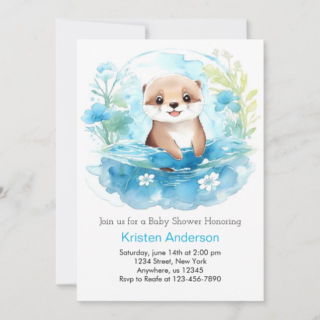 Otterly Whimsical Blue Wildblomme Boy Shower Inbjudningar (Framsida)
