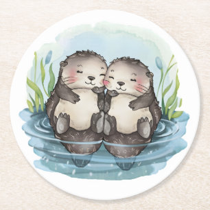 Otters Holding Händer Underlägg Papper Rund