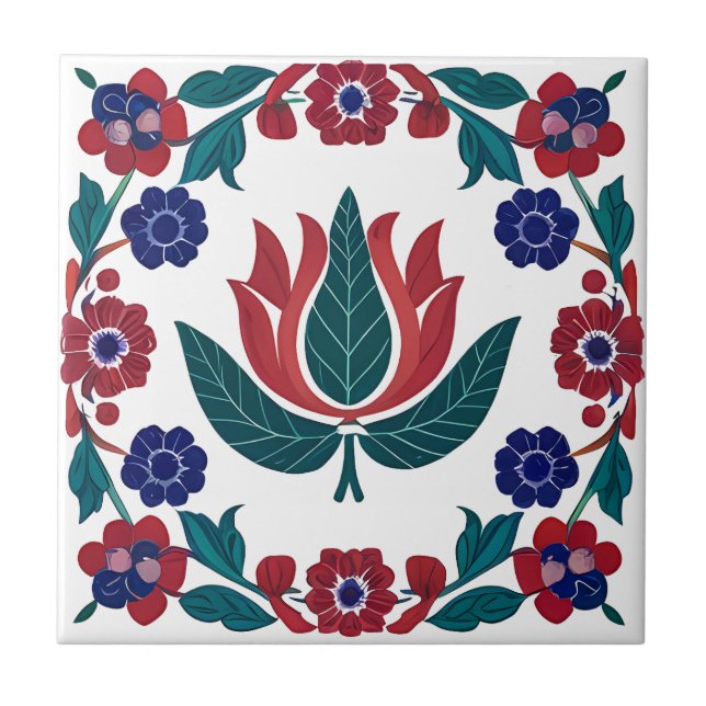 Ottoman Red & Blue Tulip Ceramic Tile Kakelplatta (Framsidan)