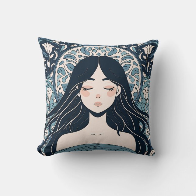 Ottoman Tile Girl - Serene Blue Blommigt Aura Kudde (Framsida)