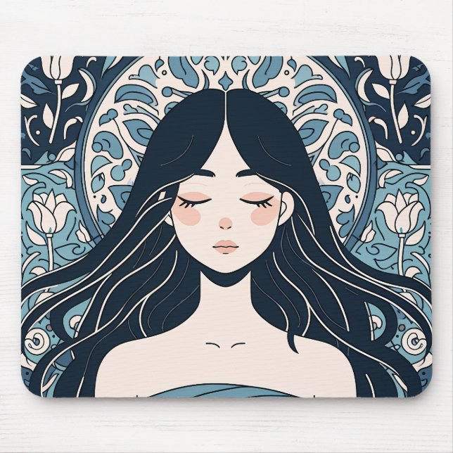 Ottoman Tile Girl - Serene Blue Blommigt Aura Musmatta (Framsidan)