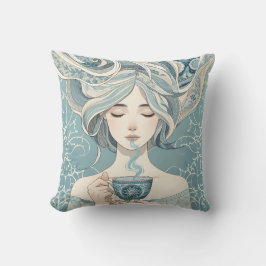 Ottoman Tile Woman med Tea - mjukt blåflöde Kudde