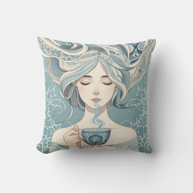 Ottoman Tile Woman med Tea - mjukt blåflöde Kudde (Framsida)