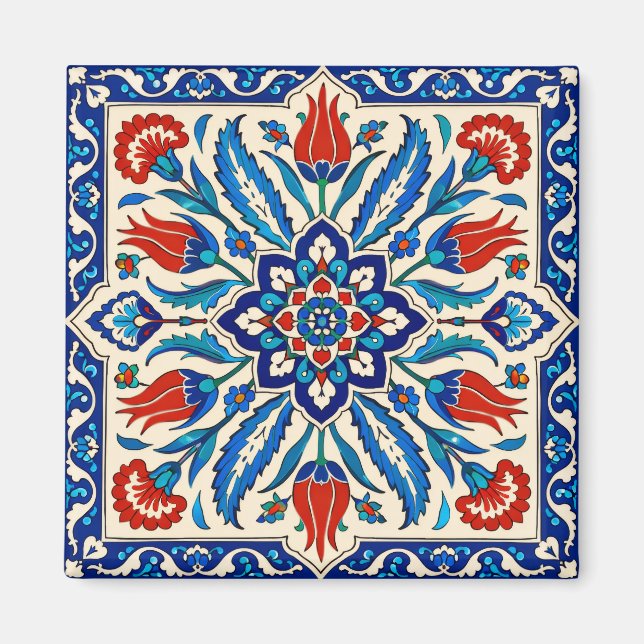 Ottomansk stil Blå Röd Tulpan Mönster Magnet (Framsidan)