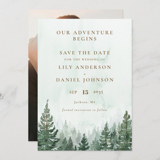 Our Adventure Rustic Pine Forest Photo Wedding Spara Datumet (Fram/baksida)