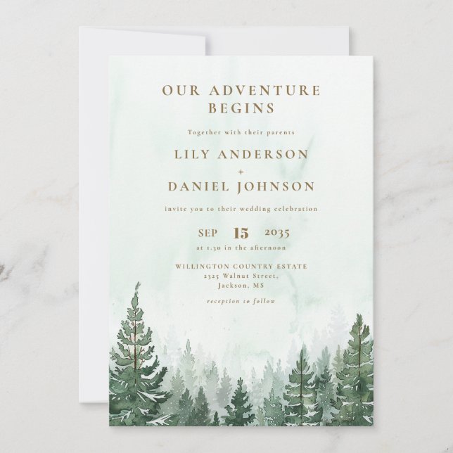 Our Adventure Rustic Pine Forest QR Code Wedding Inbjudningar (Framsida)