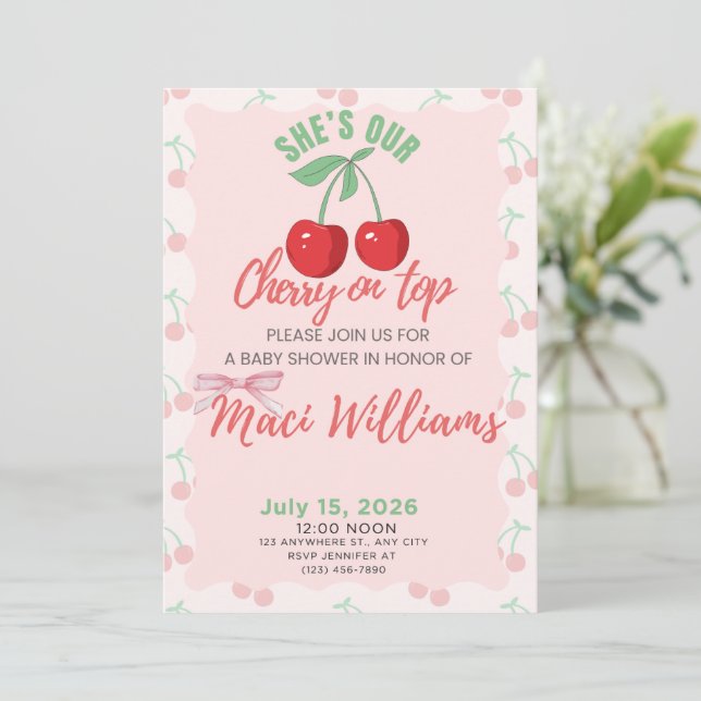 Our Cherry on Top Baby Shower Invitation Inbjudningar (Stående Fram)