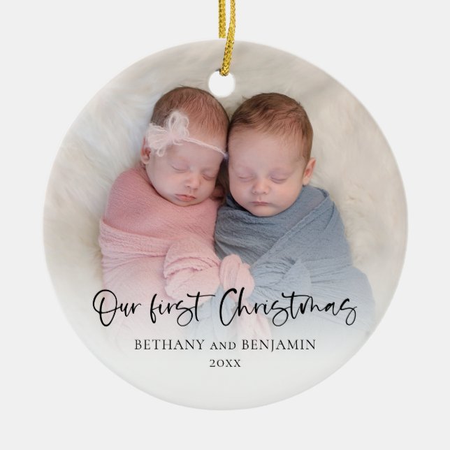 Our First Christmas 2 Photos Script Twin Baby Cera Julgransprydnad Keramik (Framsidan)