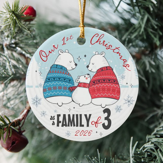 Our First Christmas as a Family of 3 Polar Bears Julgransprydnad Keramik (Cute Our 1st Christmas as a Family of 3 three polar bears baby's first custom year holiday ornament )