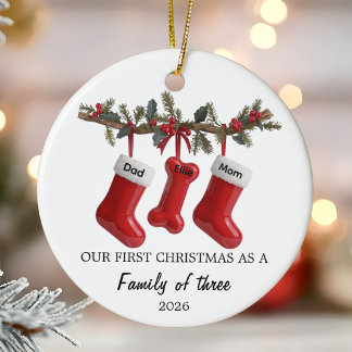 Our First Christmas as a Family of Three with Dog Julgransprydnad Keramik