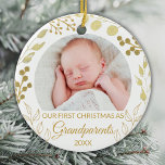 Our First Christmas As Grandparents Gold Photo Julgransprydnad Keramik<br><div class="desc">This elegant Grandparents Christmas Ornament is decorated with gold foliage on a white background.
Easily customizable with baby's photo and year.
Original Watercolor © Michele Davies.</div>